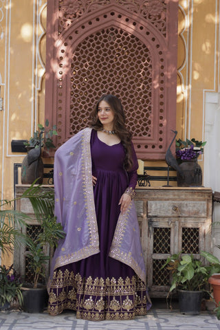 Purple Embroidered Star Georgette Gown with Gold Crush Sequins Dupatta ClothsVilla
