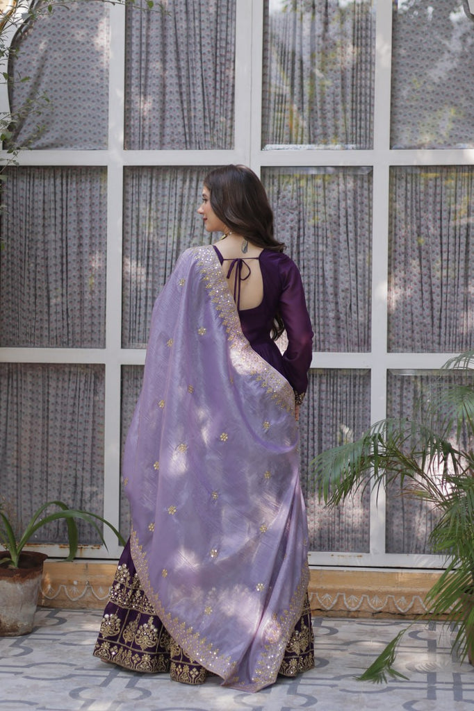 Purple Embroidered Star Georgette Gown with Gold Crush Sequins Dupatta ClothsVilla