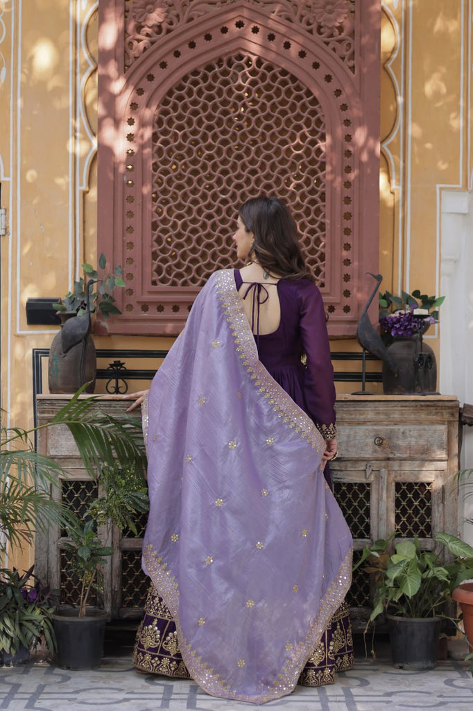 Purple Embroidered Star Georgette Gown with Gold Crush Sequins Dupatta ClothsVilla