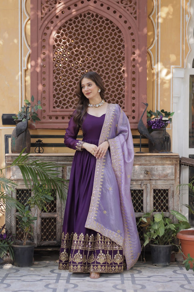 purple dress combination dupatta Jaquard Embroidered Off White Color Designer Gown & Purple Dupatta Set Vastra Shop