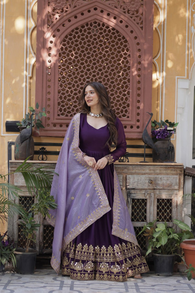 Purple Embroidered Star Georgette Gown with Gold Crush Sequins Dupatta ClothsVilla