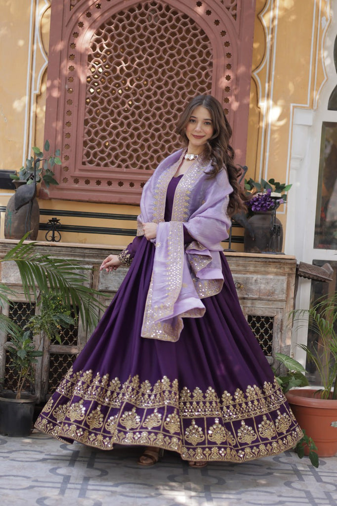 Purple Embroidered Star Georgette Gown with Gold Crush Sequins Dupatta ClothsVilla