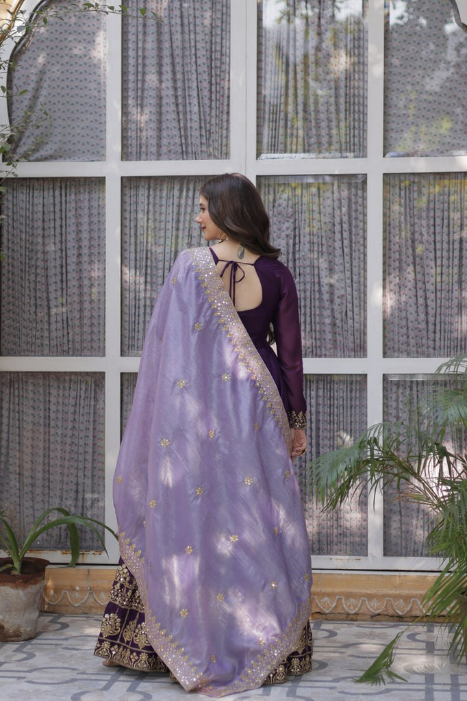 Purple Embroidered Star Georgette Gown with Gold Crush Sequins Dupatta ClothsVilla