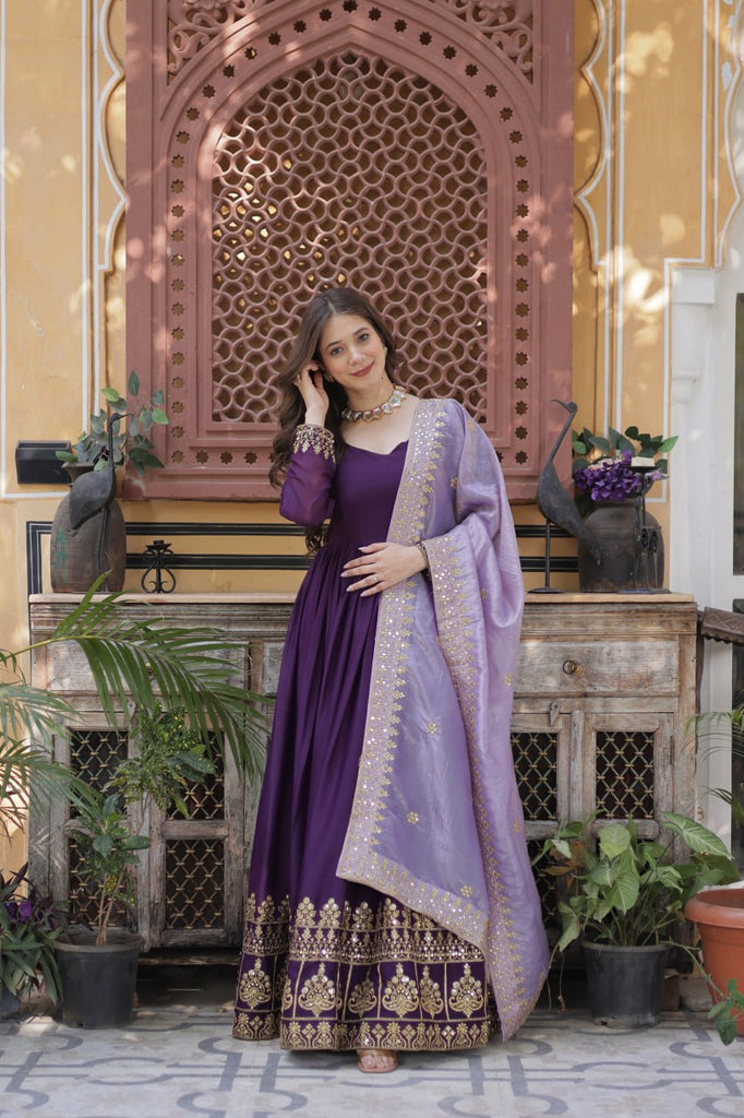 Purple Embroidered Star Georgette Gown with Gold Crush Sequins Dupatta ClothsVilla