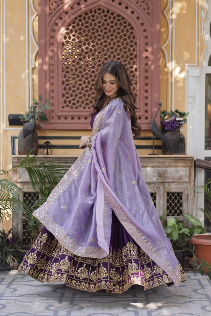 Purple Embroidered Star Georgette Gown with Gold Crush Sequins Dupatta ClothsVilla