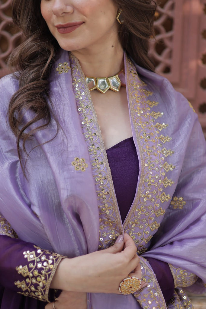 Purple Embroidered Star Georgette Gown with Gold Crush Sequins Dupatta ClothsVilla