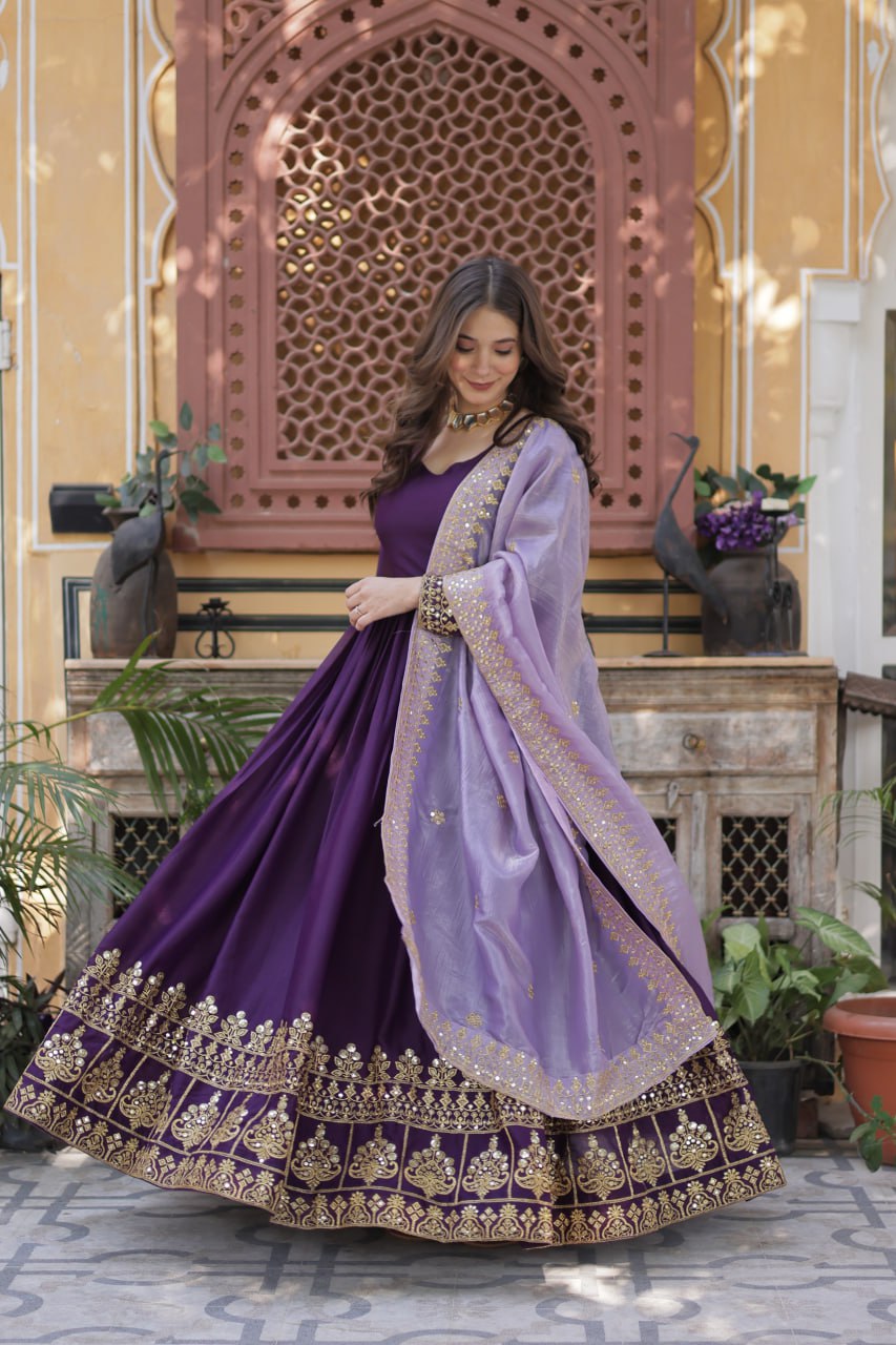 Purple Embroidered Star Georgette Gown with Gold Crush Sequins Dupatta ClothsVilla