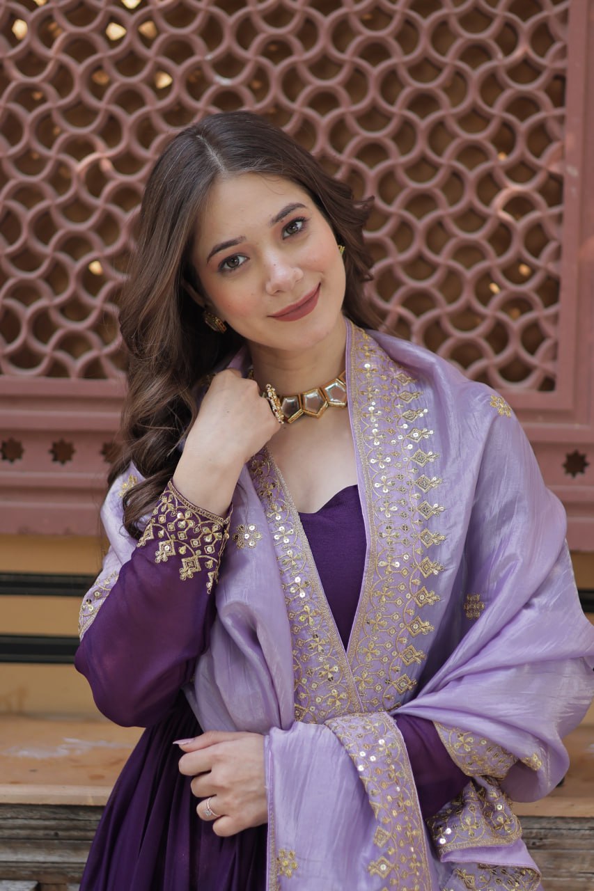 Purple Embroidered Star Georgette Gown with Gold Crush Sequins Dupatta ClothsVilla