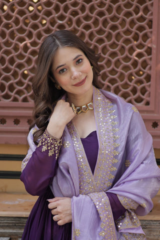 Purple Embroidered Star Georgette Gown with Gold Crush Sequins Dupatta ClothsVilla