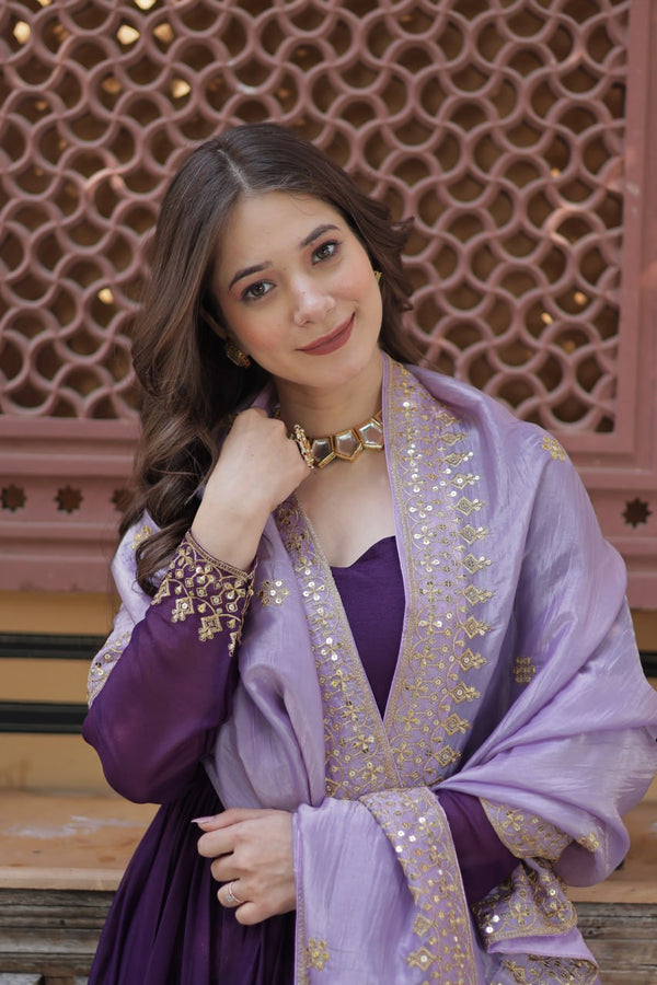 Purple Embroidered Star Georgette Gown with Gold Crush Sequins Dupatta ClothsVilla