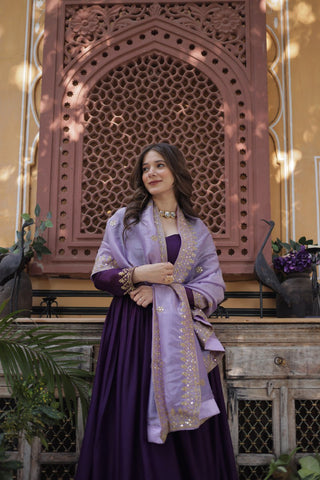 Purple Embroidered Star Georgette Gown with Gold Crush Sequins Dupatta ClothsVilla