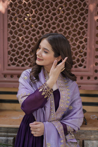 Purple Embroidered Star Georgette Gown with Gold Crush Sequins Dupatta ClothsVilla