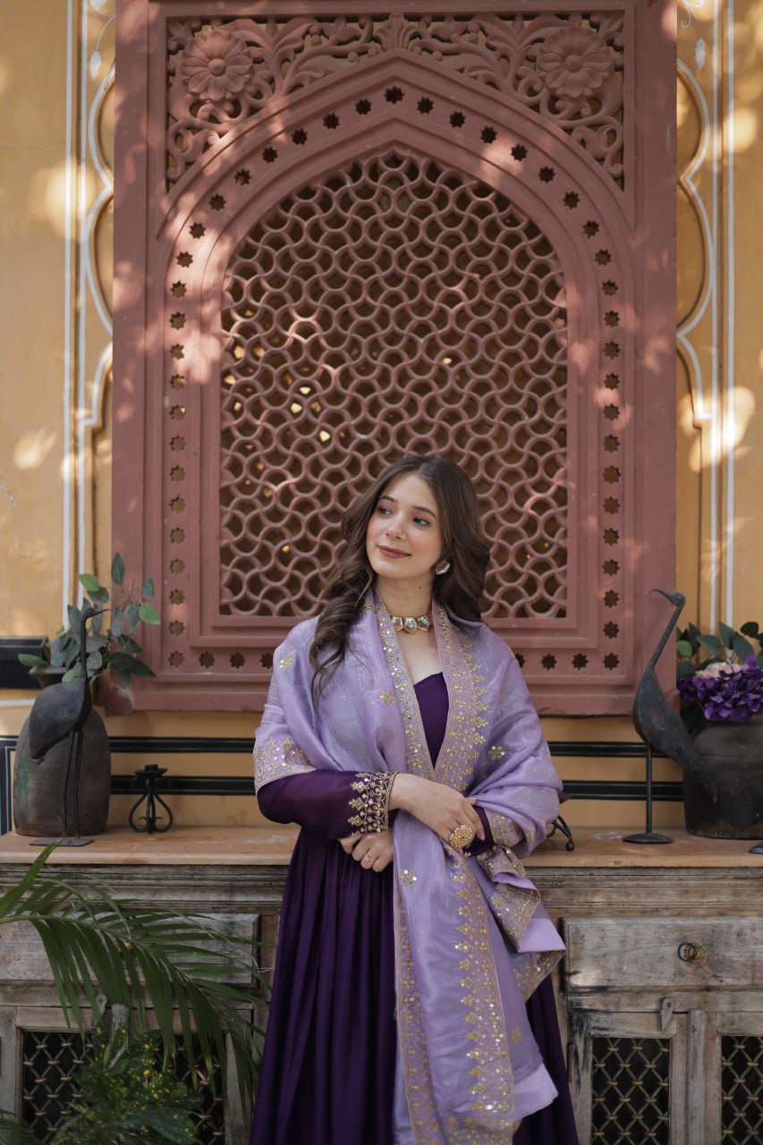 Purple Embroidered Star Georgette Gown with Gold Crush Sequins Dupatta ClothsVilla