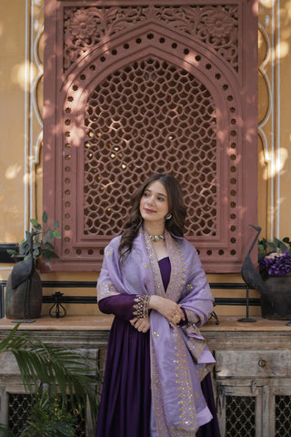 Purple Embroidered Star Georgette Gown with Gold Crush Sequins Dupatta ClothsVilla