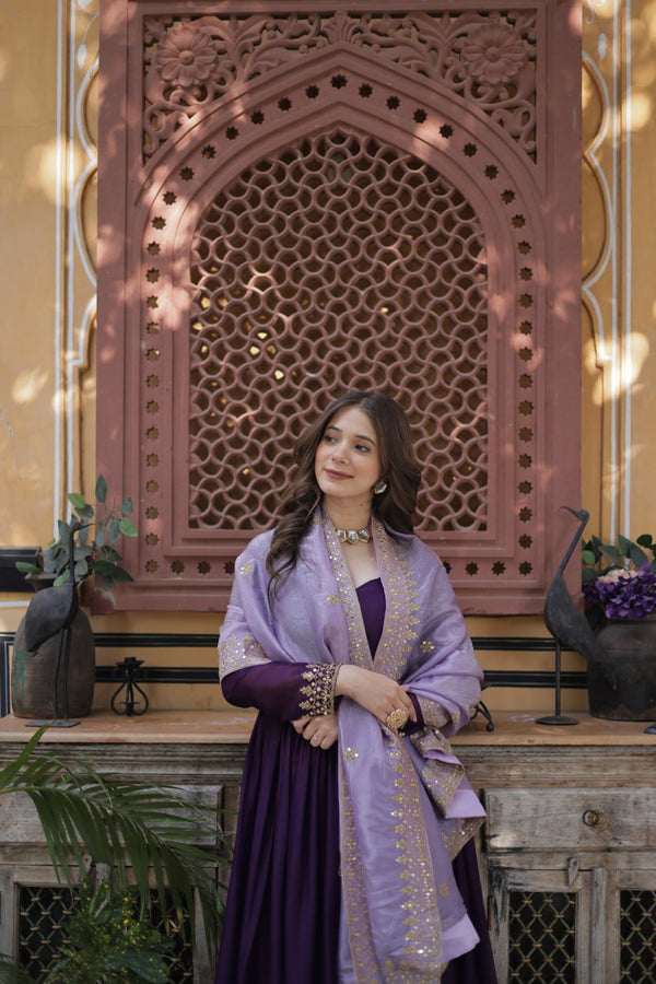 Purple Embroidered Star Georgette Gown with Gold Crush Sequins Dupatta ClothsVilla
