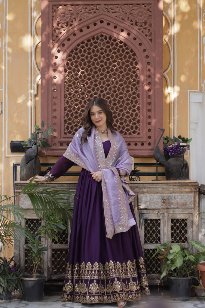 Purple Embroidered Star Georgette Gown with Gold Crush Sequins Dupatta ClothsVilla