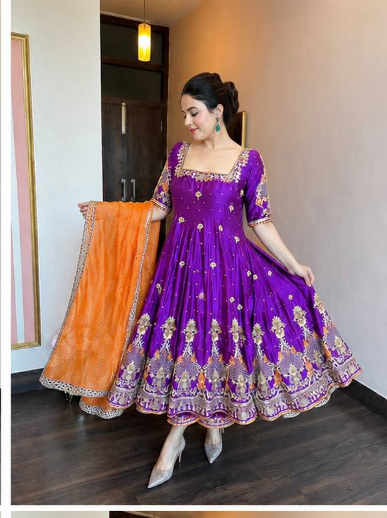 Purple Embroidered Zari Sequins Gown ClothsVilla