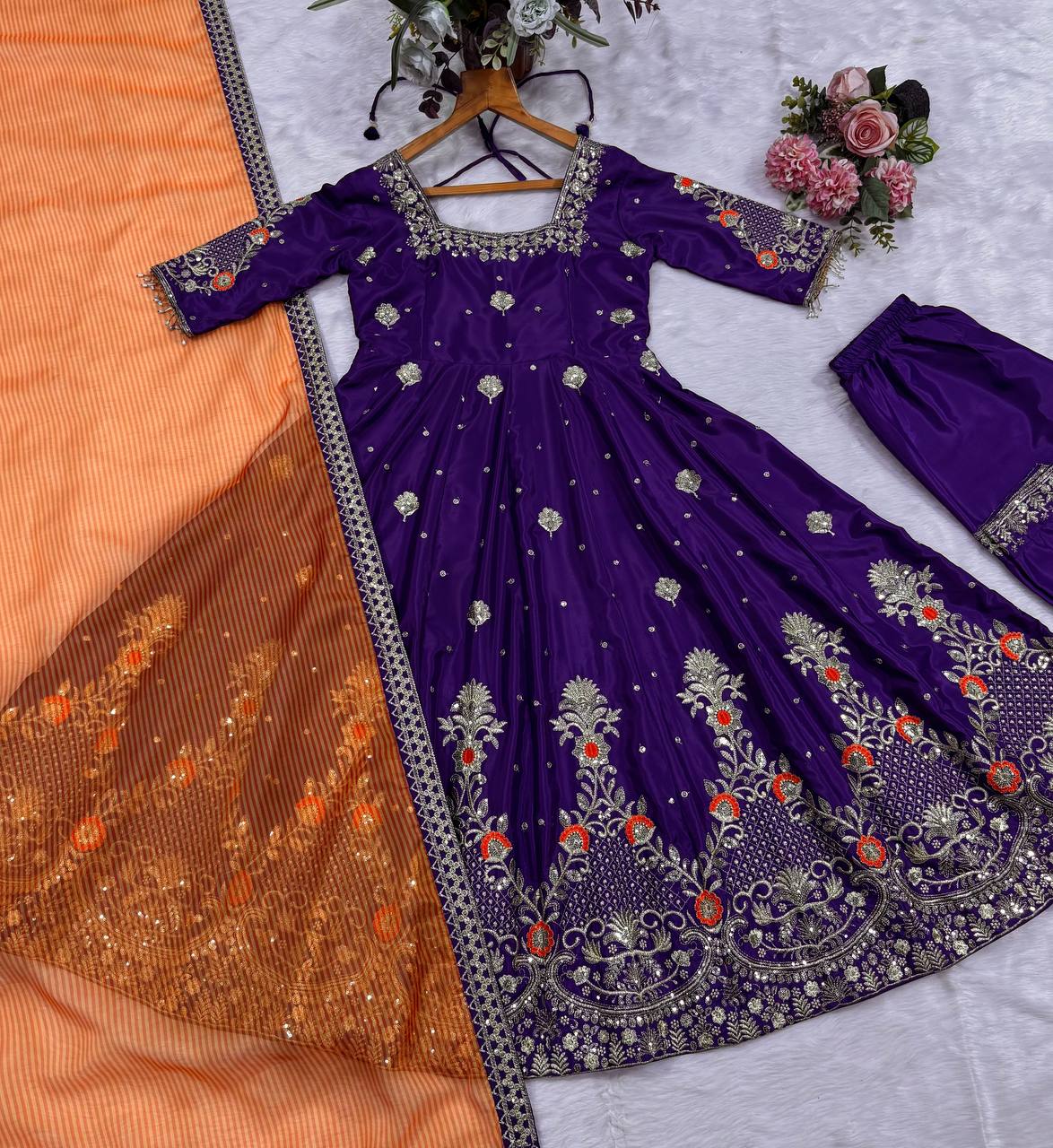 Purple Embroidered Zari Sequins Gown ClothsVilla