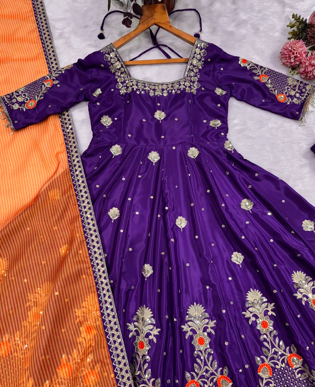 Purple Embroidered Zari Sequins Gown ClothsVilla