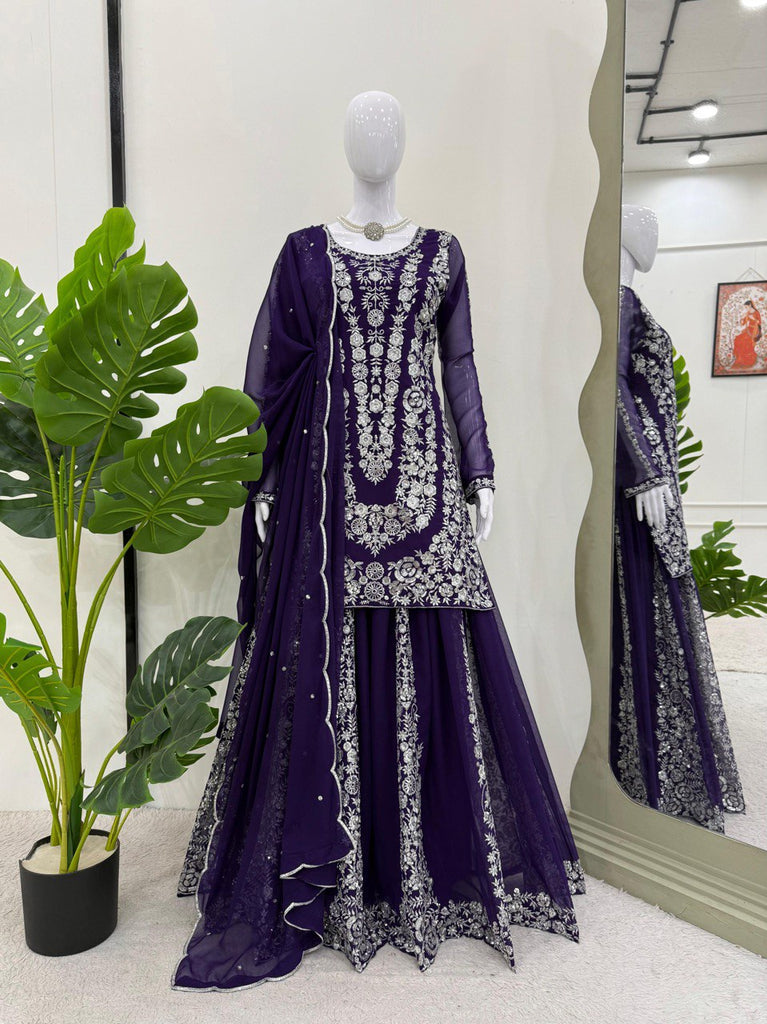 Purple Ethnic Elegance Faux Georgette Thread & Sequin Embroidered Suit Set ClothsVilla
