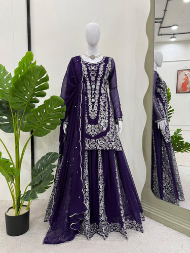 Purple Ethnic Elegance Faux Georgette Thread & Sequin Embroidered Suit Set ClothsVilla