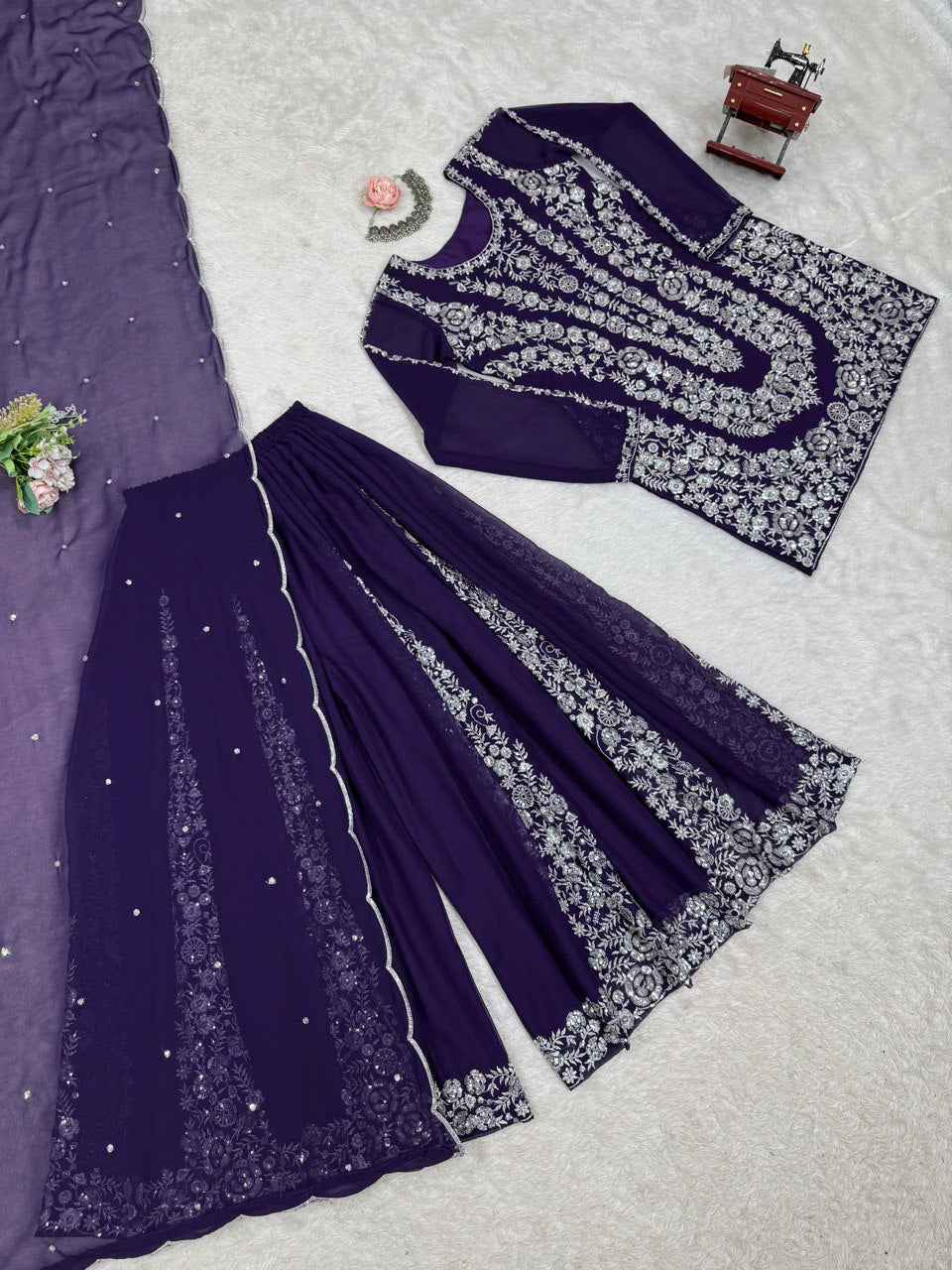 Purple Ethnic Elegance Faux Georgette Thread & Sequin Embroidered Suit Set Secondary image
