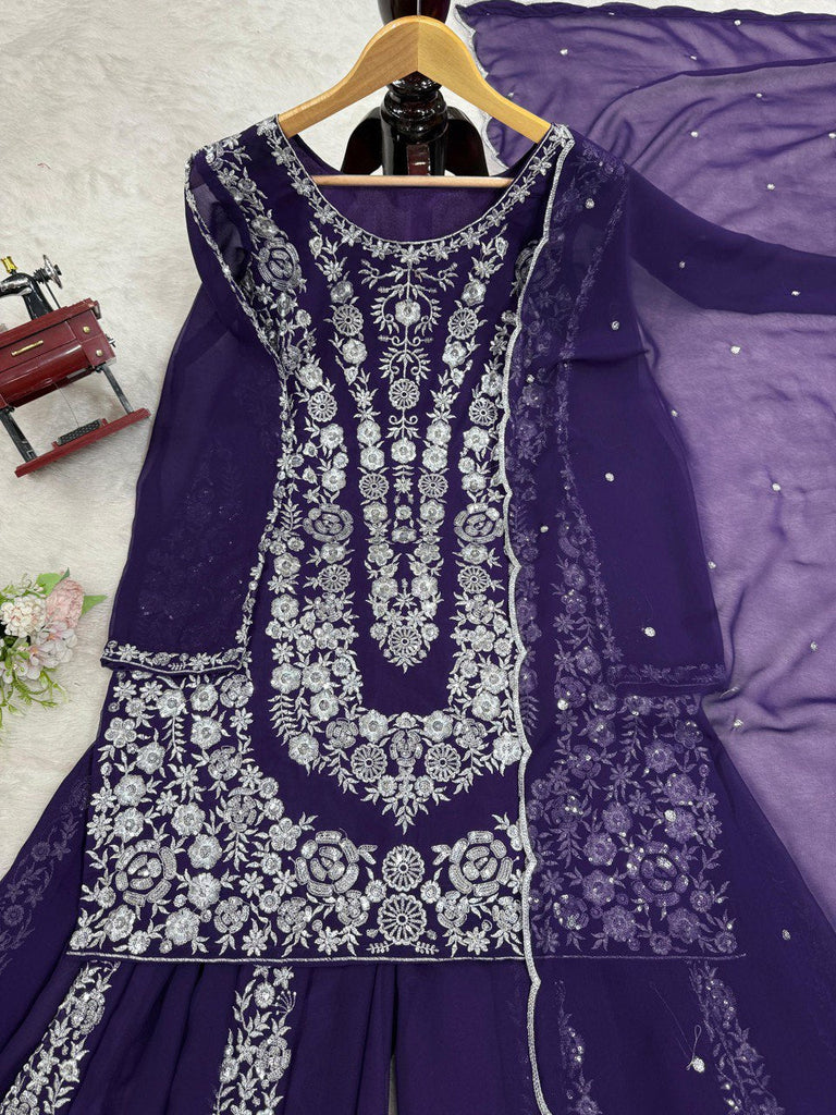 Purple Ethnic Elegance Faux Georgette Thread & Sequin Embroidered Suit Set ClothsVilla