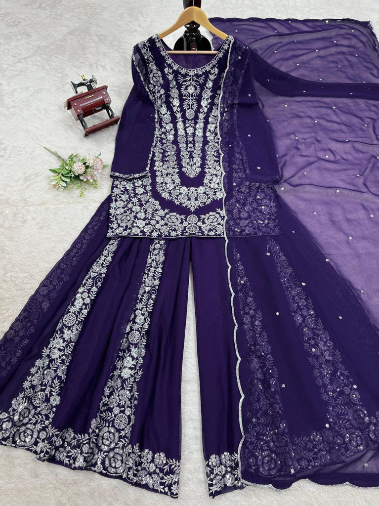 Purple Ethnic Elegance Faux Georgette Thread & Sequin Embroidered Suit Set ClothsVilla