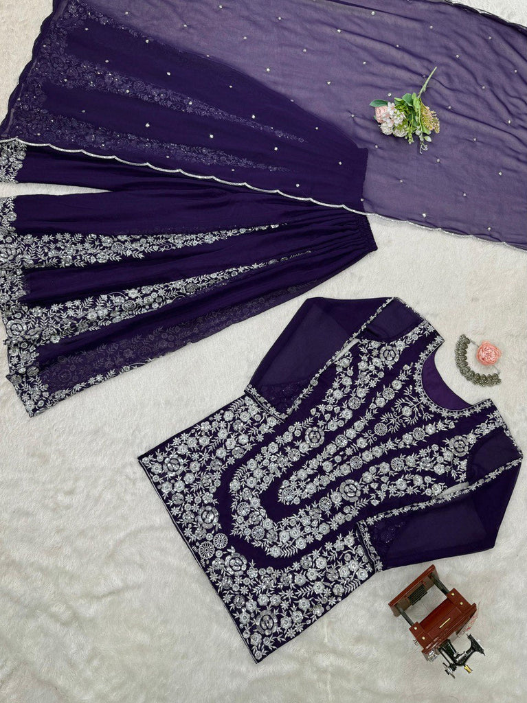 Purple Ethnic Elegance Faux Georgette Thread & Sequin Embroidered Suit Set ClothsVilla