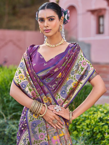 Purple Exquisite Banarasi Jacquard Art Silk Saree with Matching Border Blouse – Perfect for Weddings ClothsVilla