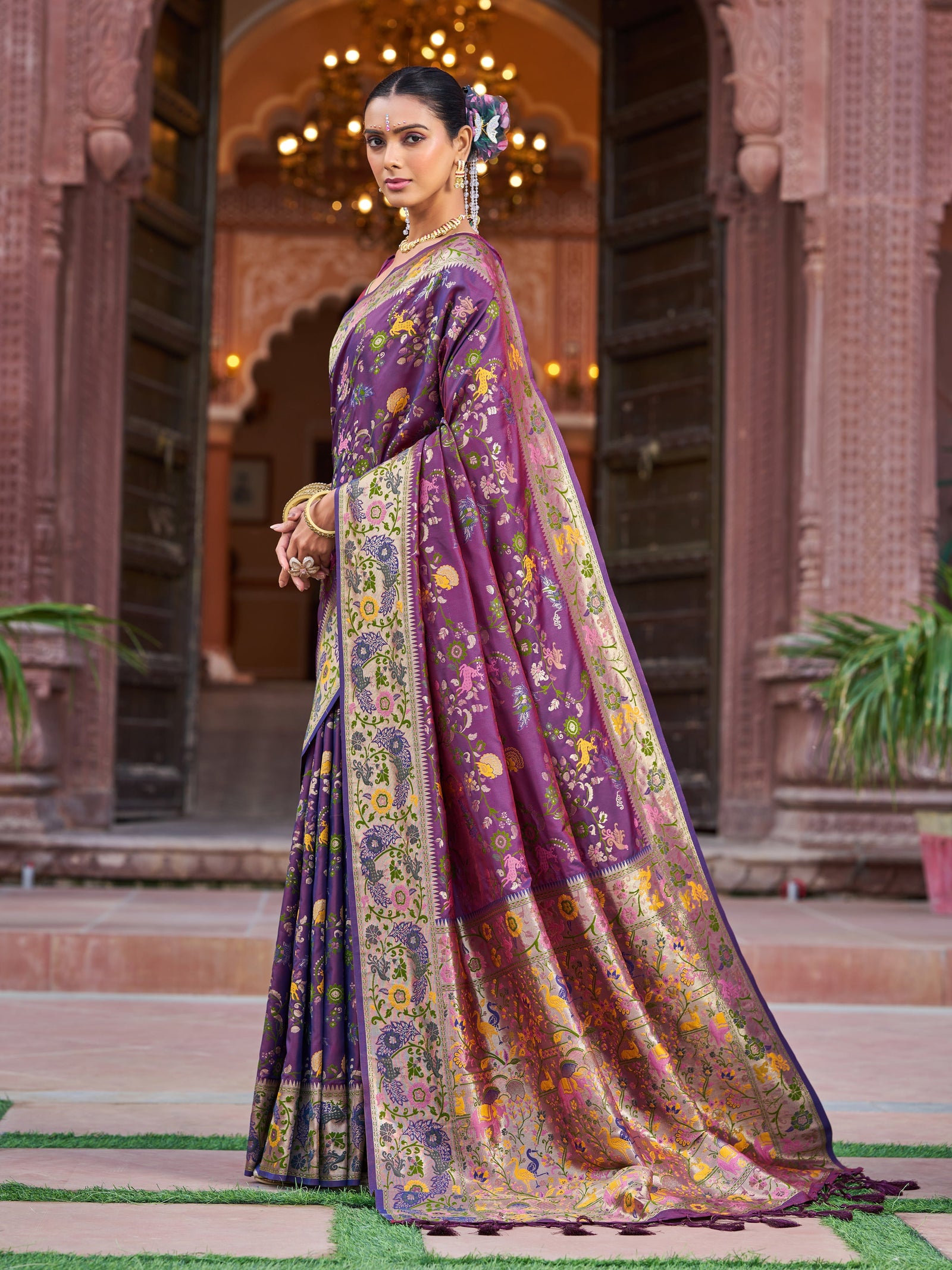 Purple Exquisite Banarasi Jacquard Art Silk Saree with Matching Border Blouse – Perfect for Weddings ClothsVilla