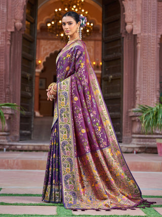Purple Exquisite Banarasi Jacquard Art Silk Saree with Matching Border Blouse – Perfect for Weddings ClothsVilla