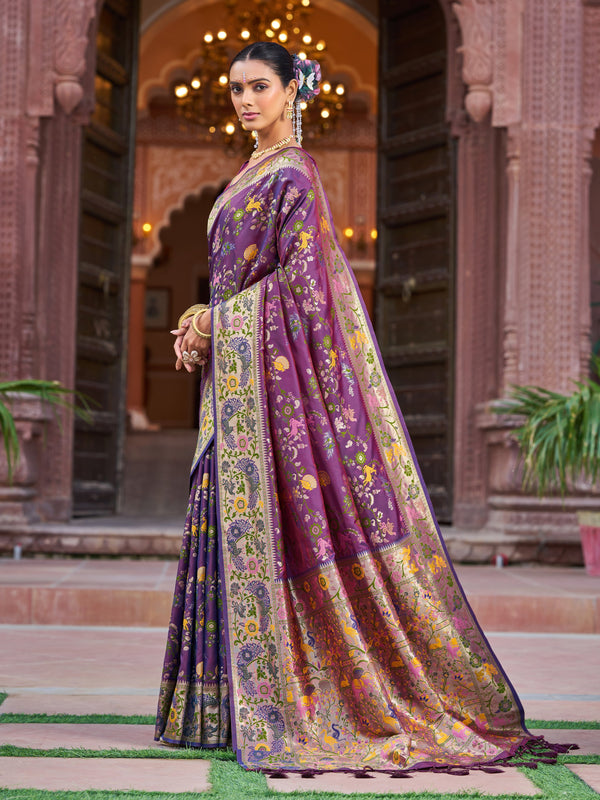 Purple Exquisite Banarasi Jacquard Art Silk Saree with Matching Border Blouse – Perfect for Weddings ClothsVilla