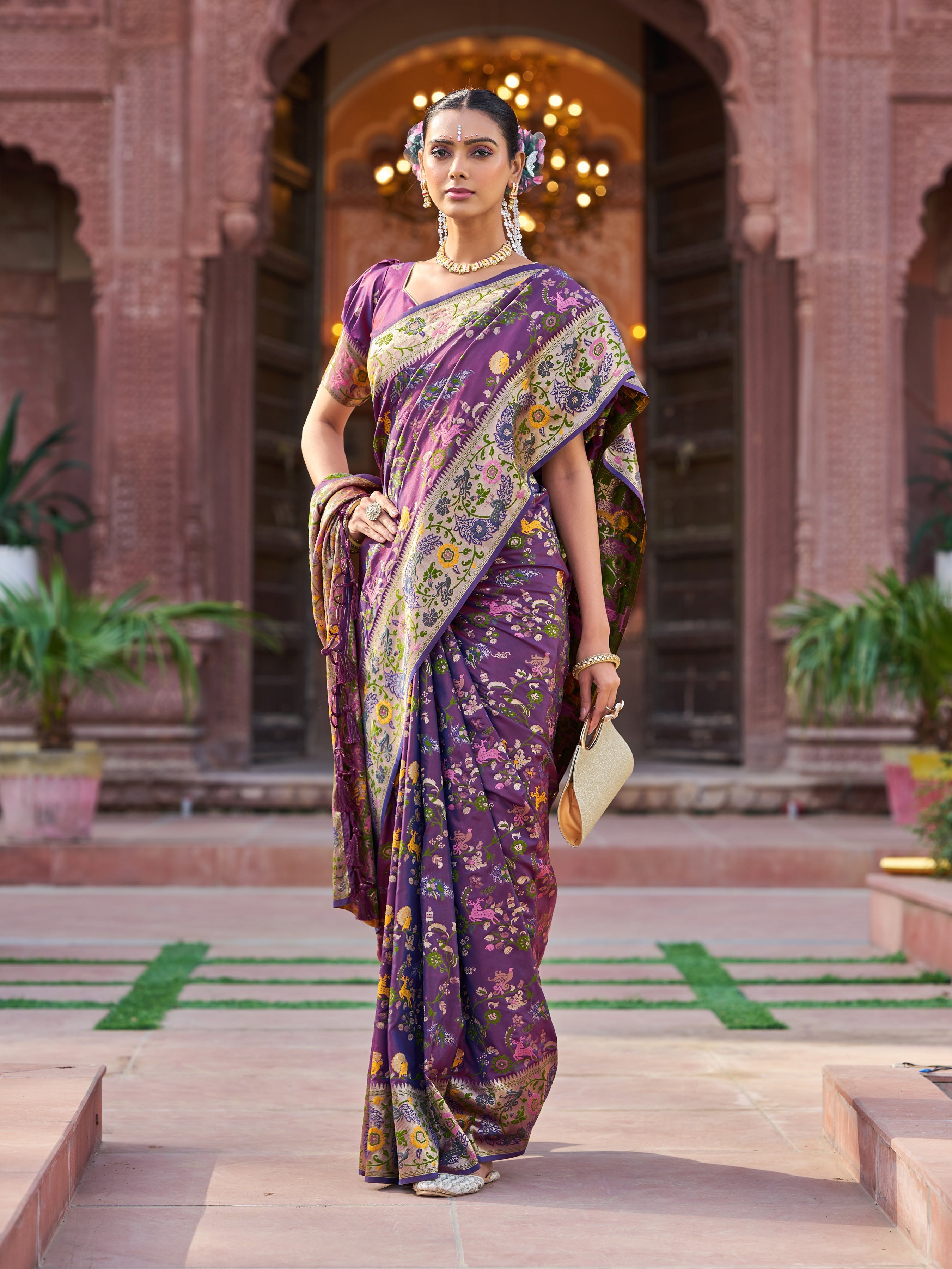 Purple Exquisite Banarasi Jacquard Art Silk Saree with Matching Border Blouse – Perfect for Weddings ClothsVilla Main image