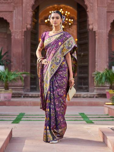 Purple Exquisite Banarasi Jacquard Art Silk Saree with Matching Border Blouse – Perfect for Weddings ClothsVilla