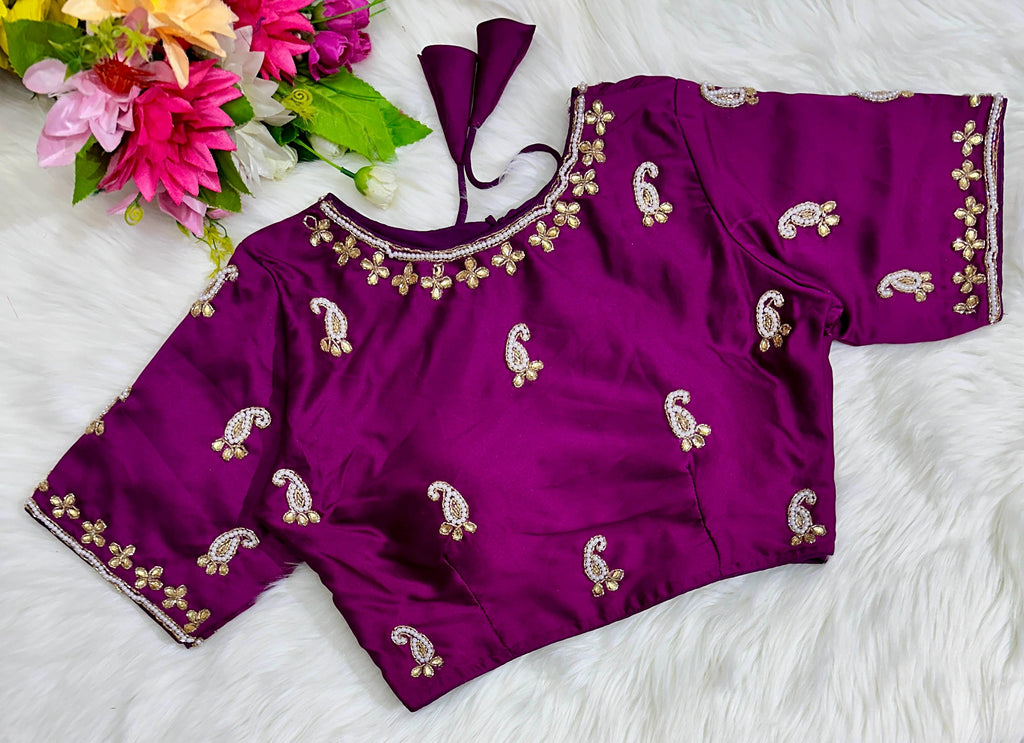 Purple Exquisite Hand-Embroidered Methu Silk Blouse ClothsVilla