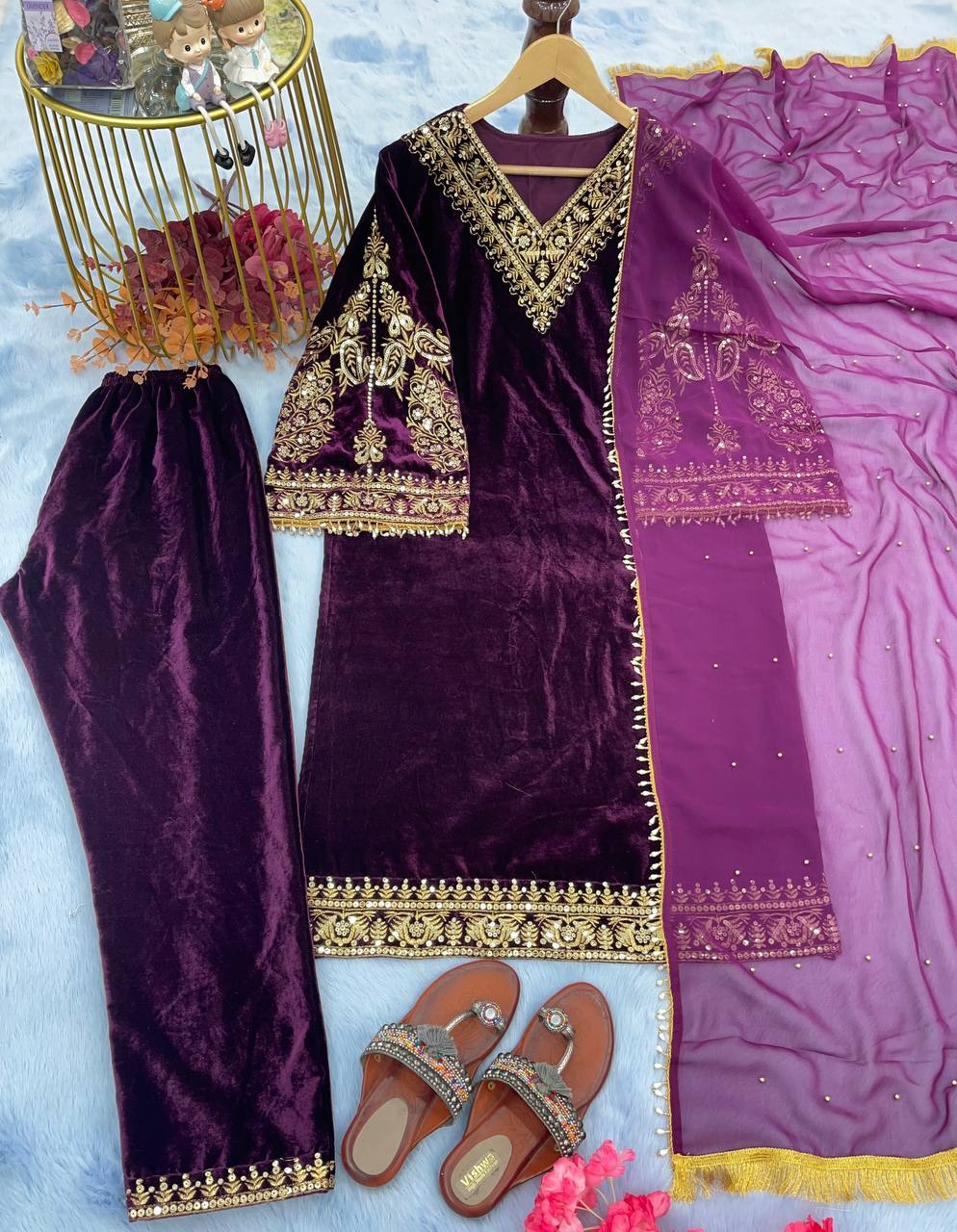 Purple Fancy Bell Sleeve Green Color Velvet Salwar Suit Clothsvilla