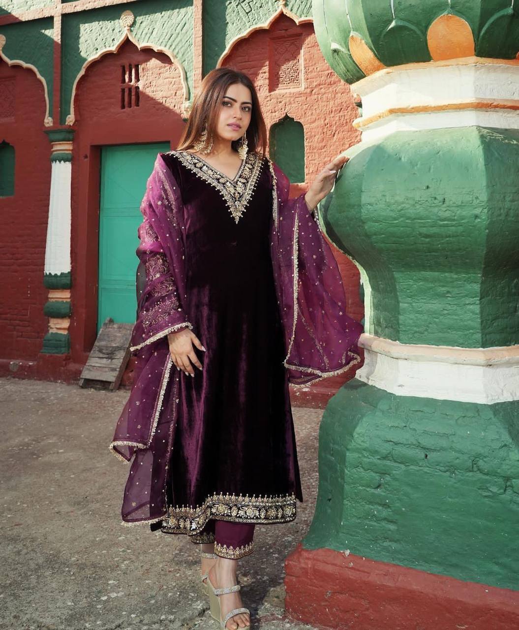 Purple Fancy Bell Sleeve Green Color Velvet Salwar Suit Clothsvilla Main image