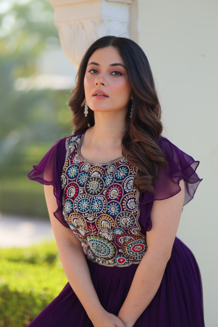 Purple Faux Blooming Embroidered Gown with Beads, Sequins & Bell Sleeves – 7 Meter Flair ClothsVilla