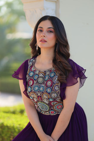 Purple Faux Blooming Embroidered Gown with Beads, Sequins & Bell Sleeves – 7 Meter Flair ClothsVilla