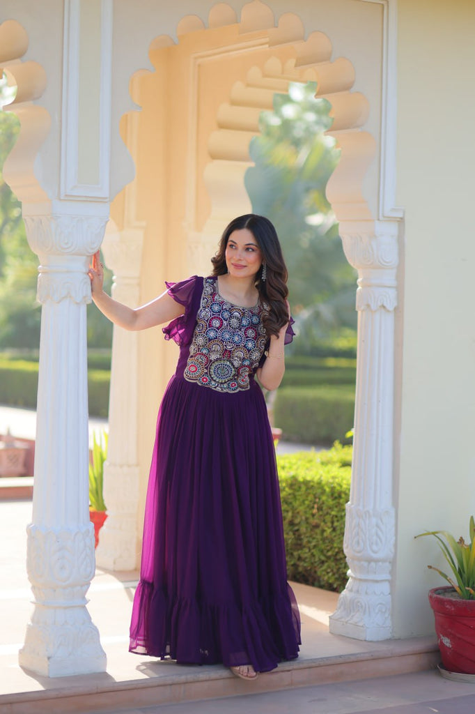 Purple Faux Blooming Embroidered Gown with Beads, Sequins & Bell Sleeves – 7 Meter Flair ClothsVilla
