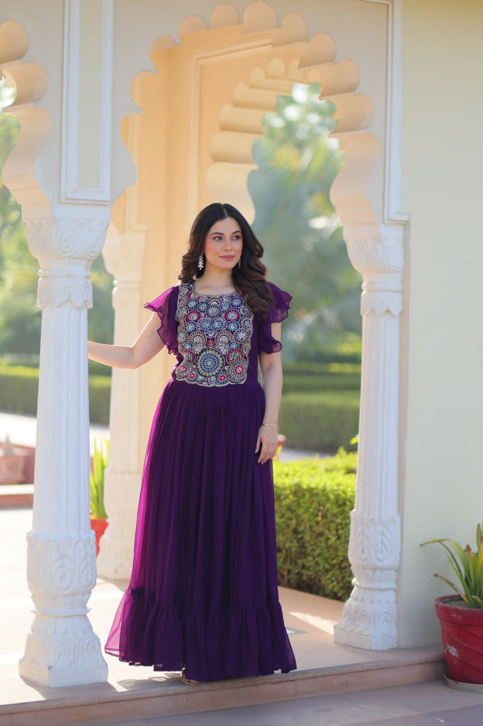 Purple Faux Blooming Embroidered Gown with Beads, Sequins & Bell Sleeves – 7 Meter Flair ClothsVilla
