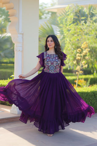 Purple Faux Blooming Embroidered Gown with Beads, Sequins & Bell Sleeves – 7 Meter Flair ClothsVilla