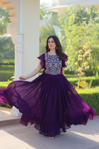 Purple Faux Blooming Embroidered Gown with Beads, Sequins & Bell Sleeves – 7 Meter Flair ClothsVilla