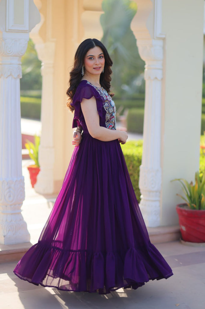 Purple Faux Blooming Embroidered Gown with Beads, Sequins & Bell Sleeves – 7 Meter Flair ClothsVilla