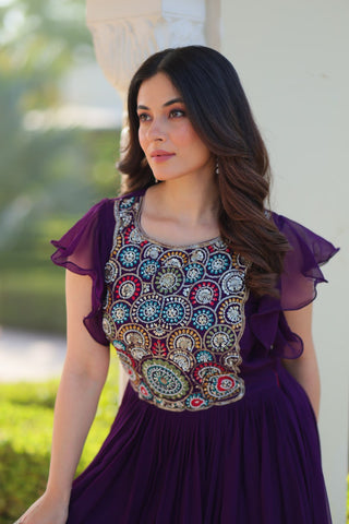 Purple Faux Blooming Embroidered Gown with Beads, Sequins & Bell Sleeves – 7 Meter Flair ClothsVilla