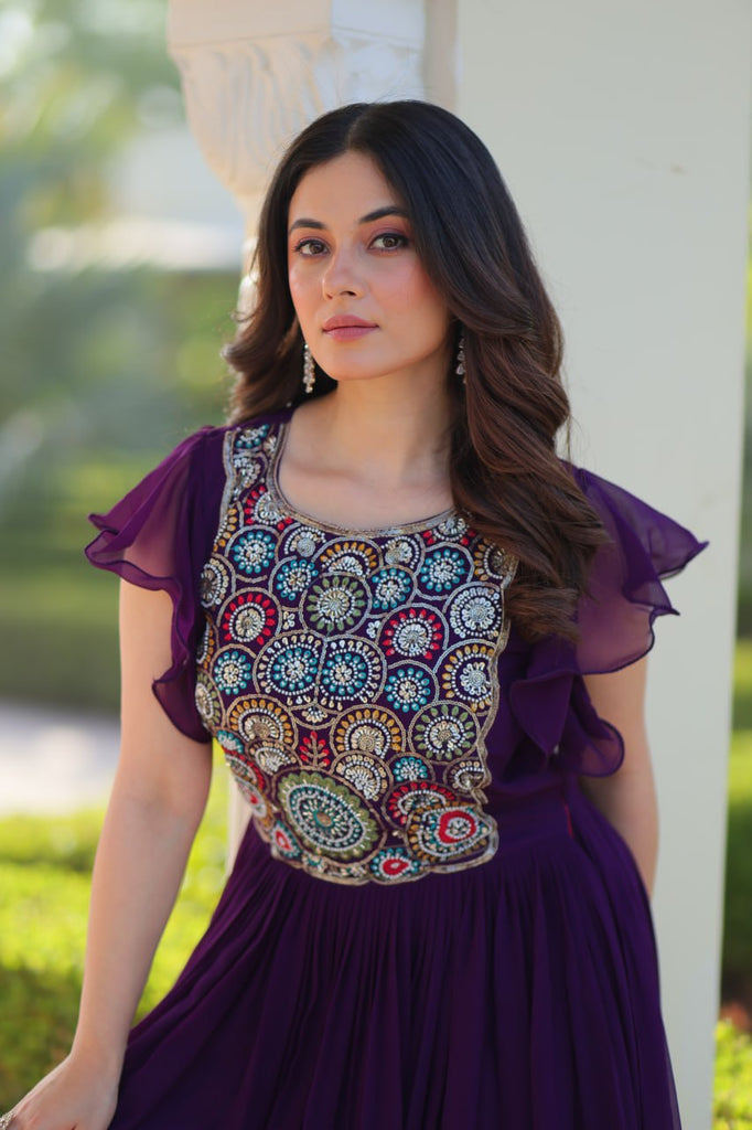 Purple Faux Blooming Embroidered Gown with Beads, Sequins & Bell Sleeves – 7 Meter Flair ClothsVilla