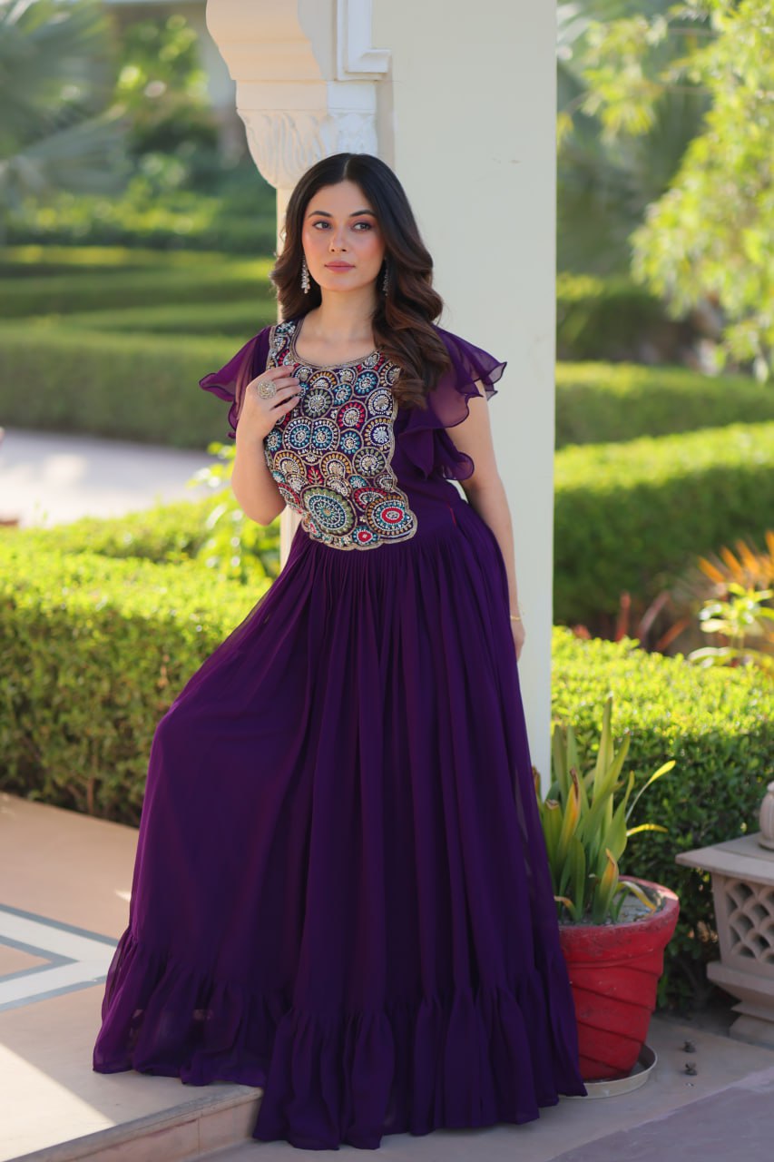 Purple Faux Blooming Embroidered Gown with Beads, Sequins & Bell Sleeves – 7 Meter Flair ClothsVilla