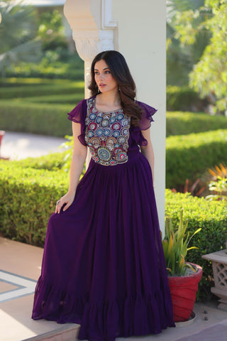 Purple Faux Blooming Embroidered Gown with Beads, Sequins & Bell Sleeves – 7 Meter Flair ClothsVilla