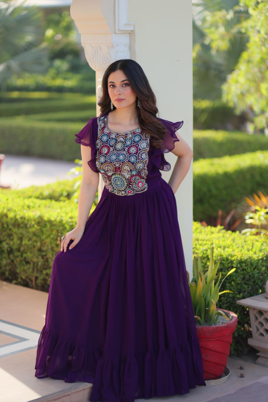 Purple Faux Blooming Embroidered Gown with Beads, Sequins & Bell Sleeves – 7 Meter Flair ClothsVilla